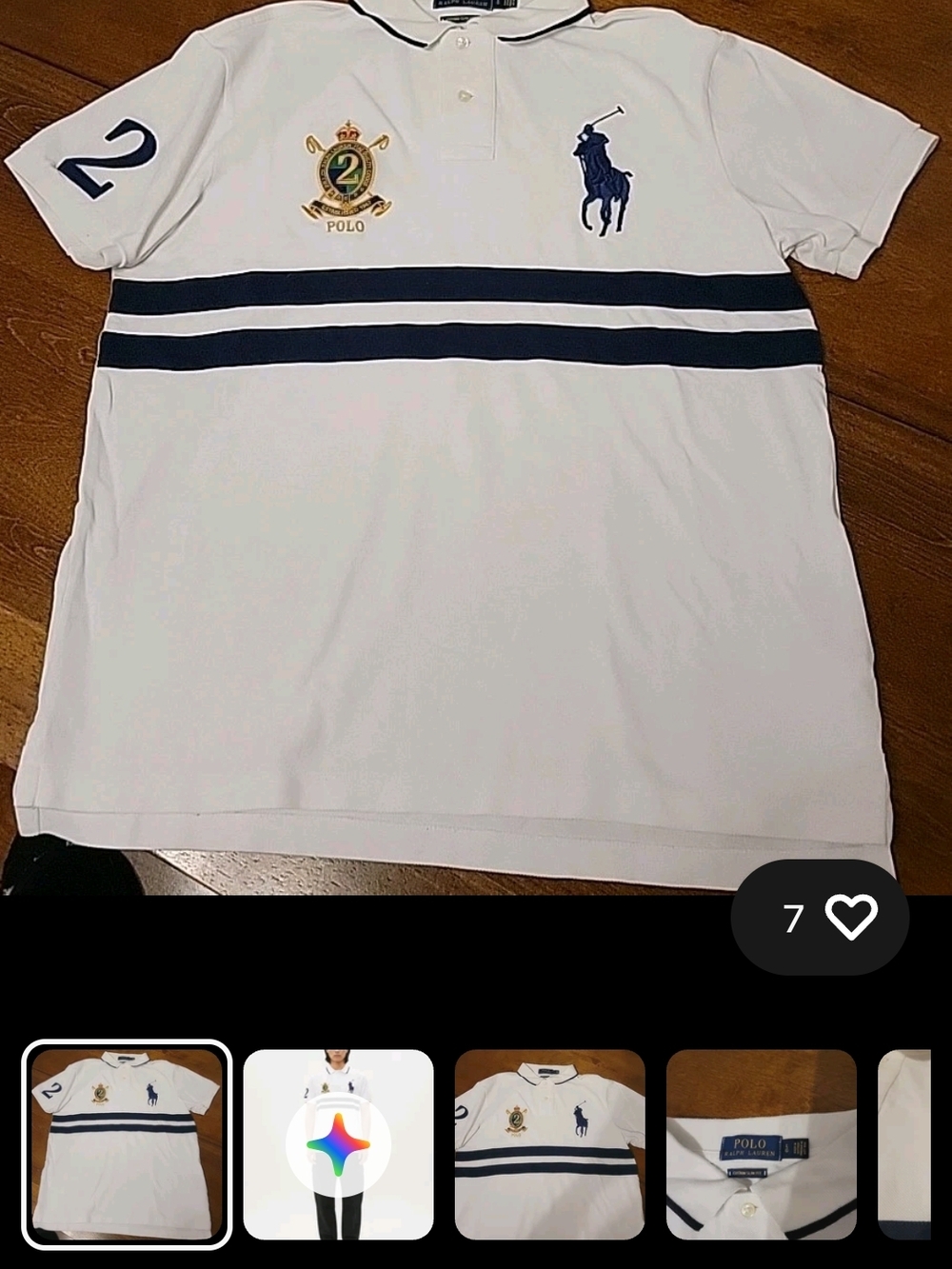Ralph Lauren White Polo Shirt with Navy Stripes & Pony Logo - Picture 3 of 10